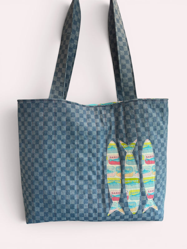 Large Quilted Tote w/ Fabric Appliquéd Sardines on Checkerboard Denim
