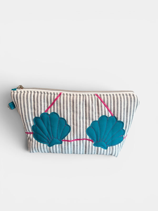 Clam Shell Bikini Bag on Steel Blue & White with Blue