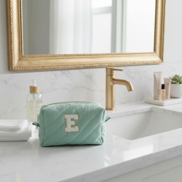 Quilted Makeup Bag | Personalized Padded Cotton Cosmetics Case | Gold Metallic | Chenille Varsity Letter | Travel Toiletry Pouch