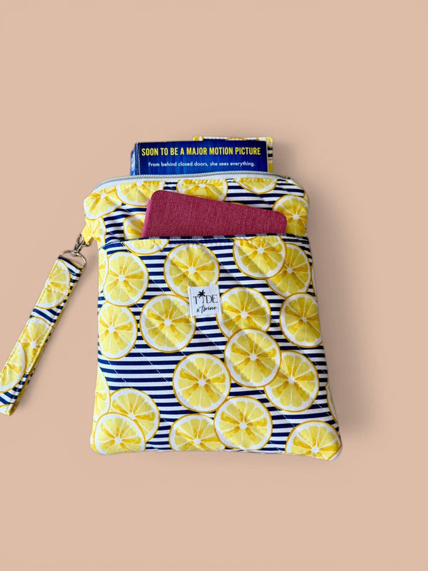 Handmade Quilted Book Sleeve w/ Keychain Strap | Lemons | Zippered Pouch for Book Lover | Lemon Reader Travel Bag (Machine Washable)