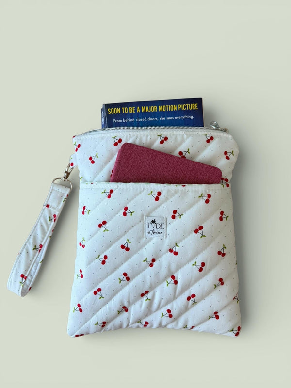 Quilted Cherry Book Sleeve w/ Keychain Strap | Kindle Zippered Pouch | Travel Book Bag