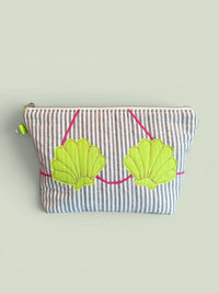 Clam Shell Bikini Bag on Steel Blue & White with Glo Green