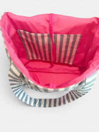 Large Quilted Tote w/ Fabric Appliquéd Flamingo on Navy Cabana Stripe