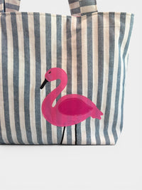Large Quilted Tote w/ Fabric Appliquéd Flamingo on Navy Cabana Stripe
