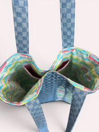 Large Quilted Tote w/ Fabric Appliquéd Sardines on Checkerboard Denim
