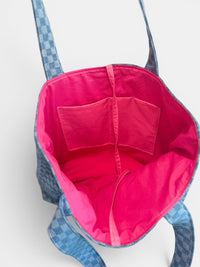 Large Quilted Tote w/ Fabric Appliquéd Flamingo on Checkerboard Denim