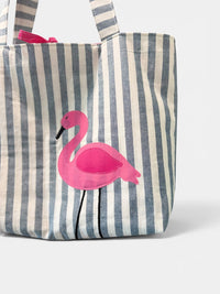 Large Quilted Tote w/ Fabric Appliquéd Flamingo on Navy Cabana Stripe