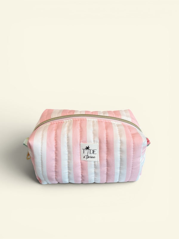 Quilted Dots N Roses and Pink Cabana Stripe Makeup Bag Gift Set