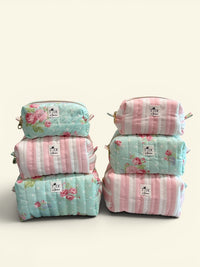 Quilted Dots N Roses and Pink Cabana Stripe Makeup Bag Gift Set