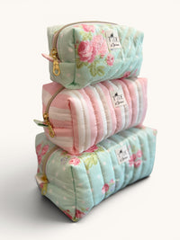 Quilted Dots N Roses and Pink Cabana Stripe Makeup Bag Gift Set