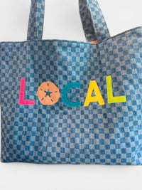 Large Quilted Tote w/ Fabric Appliquéd LOCAL on Checkerboard Denim
