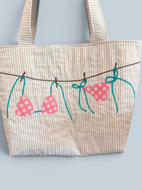Large Quilted Tote w/ Fabric Appliquéd Bikini on Clothes Line on Natural & White Stripe