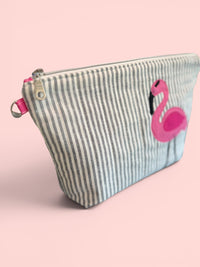 Flamingo Bikini Bag on Steel Blue Stripe