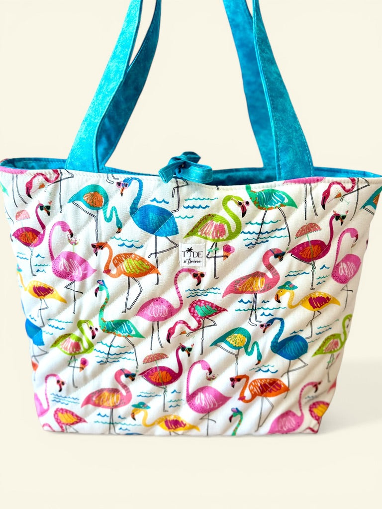 Large Quilted Tote in Party Time Flamingos