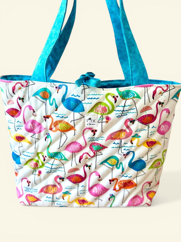 Large Quilted Tote in Party Time Flamingos