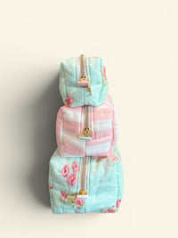 Quilted Dots N Roses and Pink Cabana Stripe Makeup Bag Gift Set