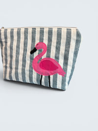 Flamingo Bikini Bag on Navy Cabana Stripe