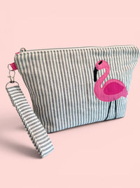 Flamingo Bikini Bag on Steel Blue Stripe