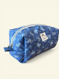 Quilted Blue Blossom Sprigs Makeup Bag