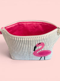 Flamingo Bikini Bag on Steel Blue Stripe