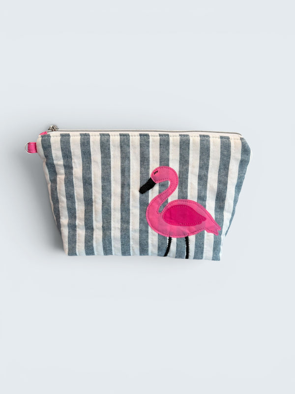 Flamingo Bikini Bag on Navy Cabana Stripe