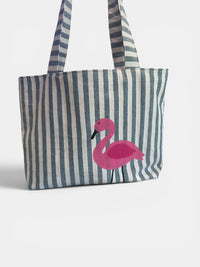 Large Quilted Tote w/ Fabric Appliquéd Flamingo on Navy Cabana Stripe
