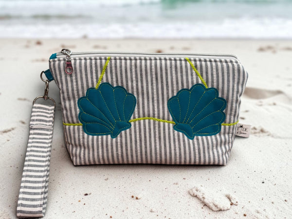 Clam Shell Bikini Bag on Steel Blue & White with Blue