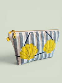 Clam Shell Bikini Bag on Navy Cabana Stripe in Yellow