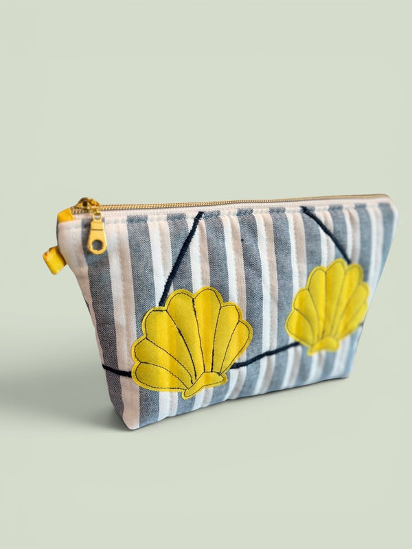 Clam Shell Bikini Bag on Navy Cabana Stripe in Yellow