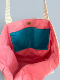 Large Quilted Tote w/ Fabric Appliquéd Bikini on Clothes Line on Natural & White Stripe