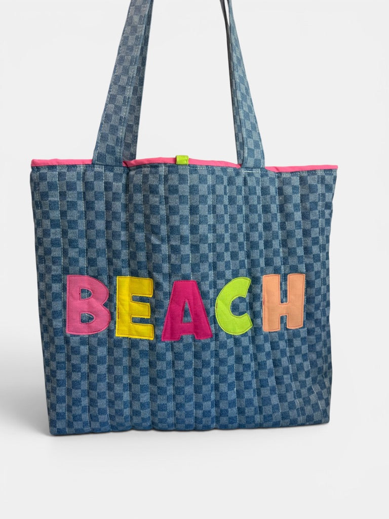 Large Quilted Tote w/ Fabric Appliquéd BEACH on Checkerboard Denim