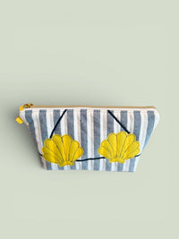 Clam Shell Bikini Bag on Navy Cabana Stripe in Yellow