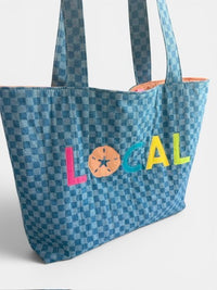 Large Quilted Tote w/ Fabric Appliquéd LOCAL on Checkerboard Denim