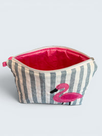 Flamingo Bikini Bag on Navy Cabana Stripe