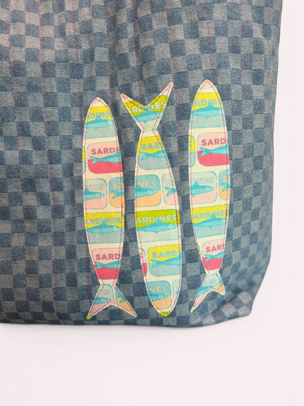 Large Quilted Tote w/ Fabric Appliquéd Sardines on Checkerboard Denim