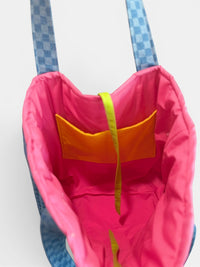 Large Quilted Tote w/ Fabric Appliquéd BEACH on Checkerboard Denim