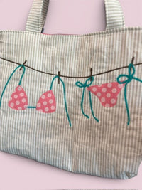 Large Quilted Tote w/ Fabric Appliquéd Bikini on Clothes Line on Natural & White Stripe