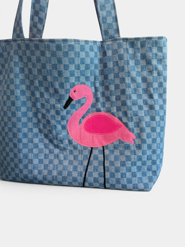 Large Quilted Tote w/ Fabric Appliquéd Flamingo on Checkerboard Denim