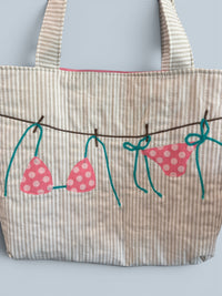 Large Quilted Tote w/ Fabric Appliquéd Bikini on Clothes Line on Natural & White Stripe