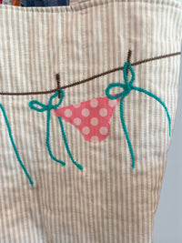 Large Quilted Tote w/ Fabric Appliquéd Bikini on Clothes Line on Natural & White Stripe