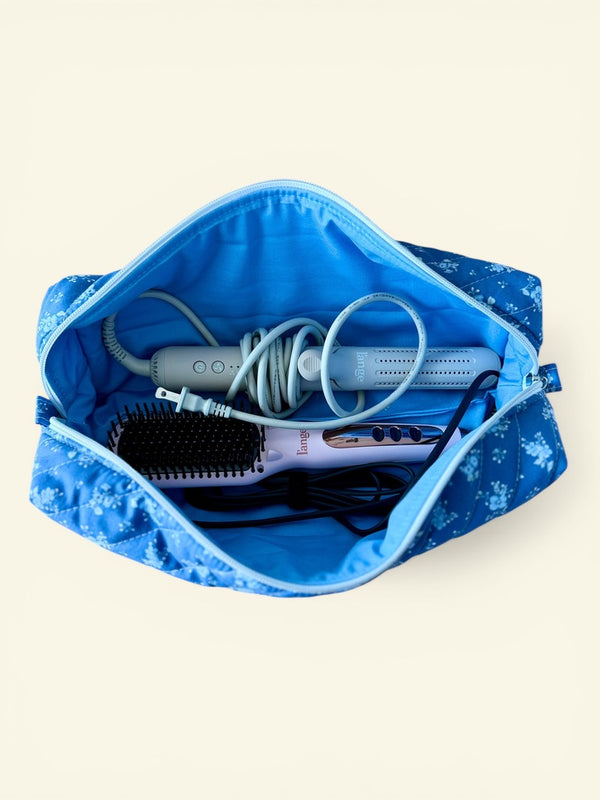 Quilted Blue Blossom Sprigs Hair Tools Bag