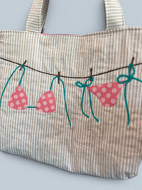 Large Quilted Tote w/ Fabric Appliquéd Bikini on Clothes Line on Natural & White Stripe
