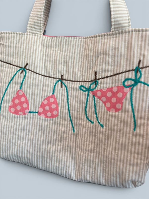 Large Quilted Tote w/ Fabric Appliquéd Bikini on Clothes Line on Natural & White Stripe