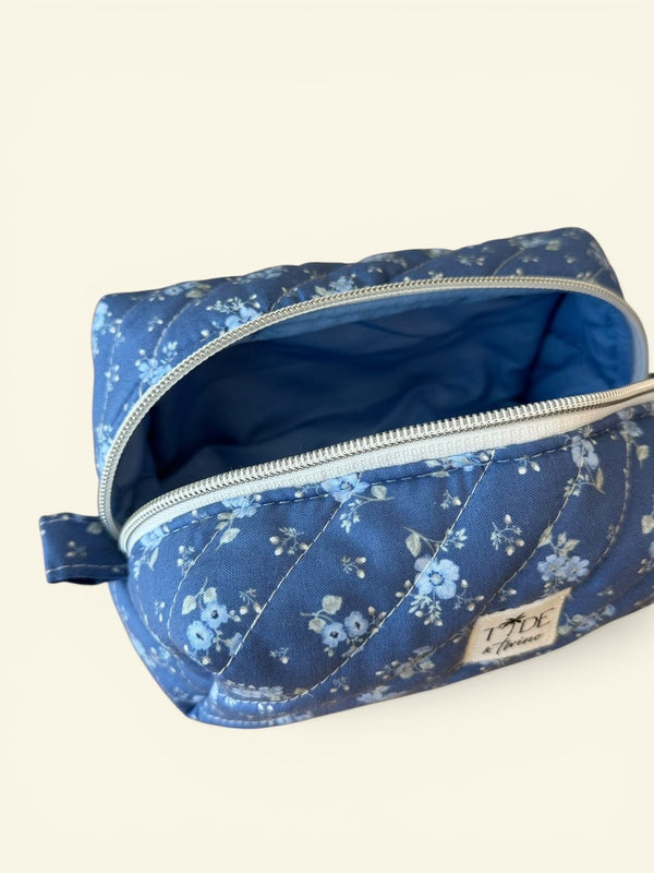 Quilted Blue Blossom Sprigs Makeup Bag