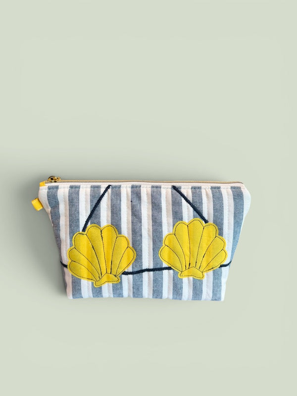 Clam Shell Bikini Bag on Navy Cabana Stripe in Yellow