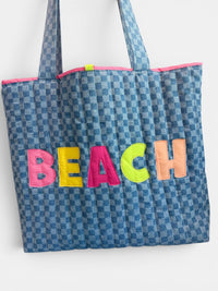 Large Quilted Tote w/ Fabric Appliquéd BEACH on Checkerboard Denim