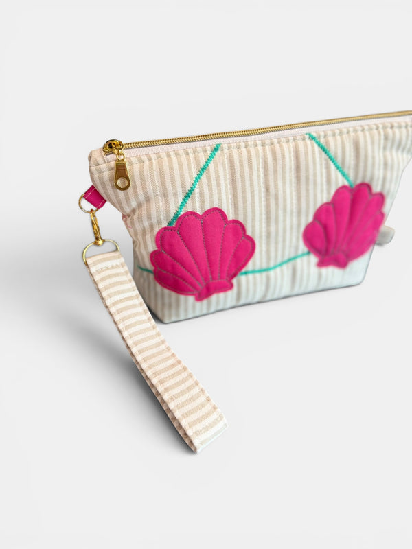 Clam Shell Bikini Bag on Natural & White with Hot Pink