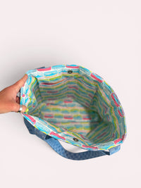 Large Quilted Tote w/ Fabric Appliquéd Sardines on Checkerboard Denim