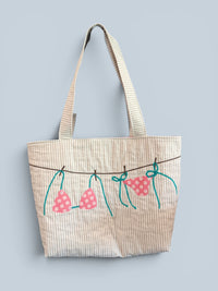 Large Quilted Tote w/ Fabric Appliquéd Bikini on Clothes Line on Natural & White Stripe