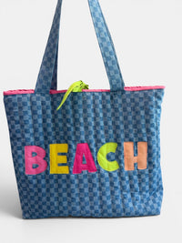 Large Quilted Tote w/ Fabric Appliquéd BEACH on Checkerboard Denim